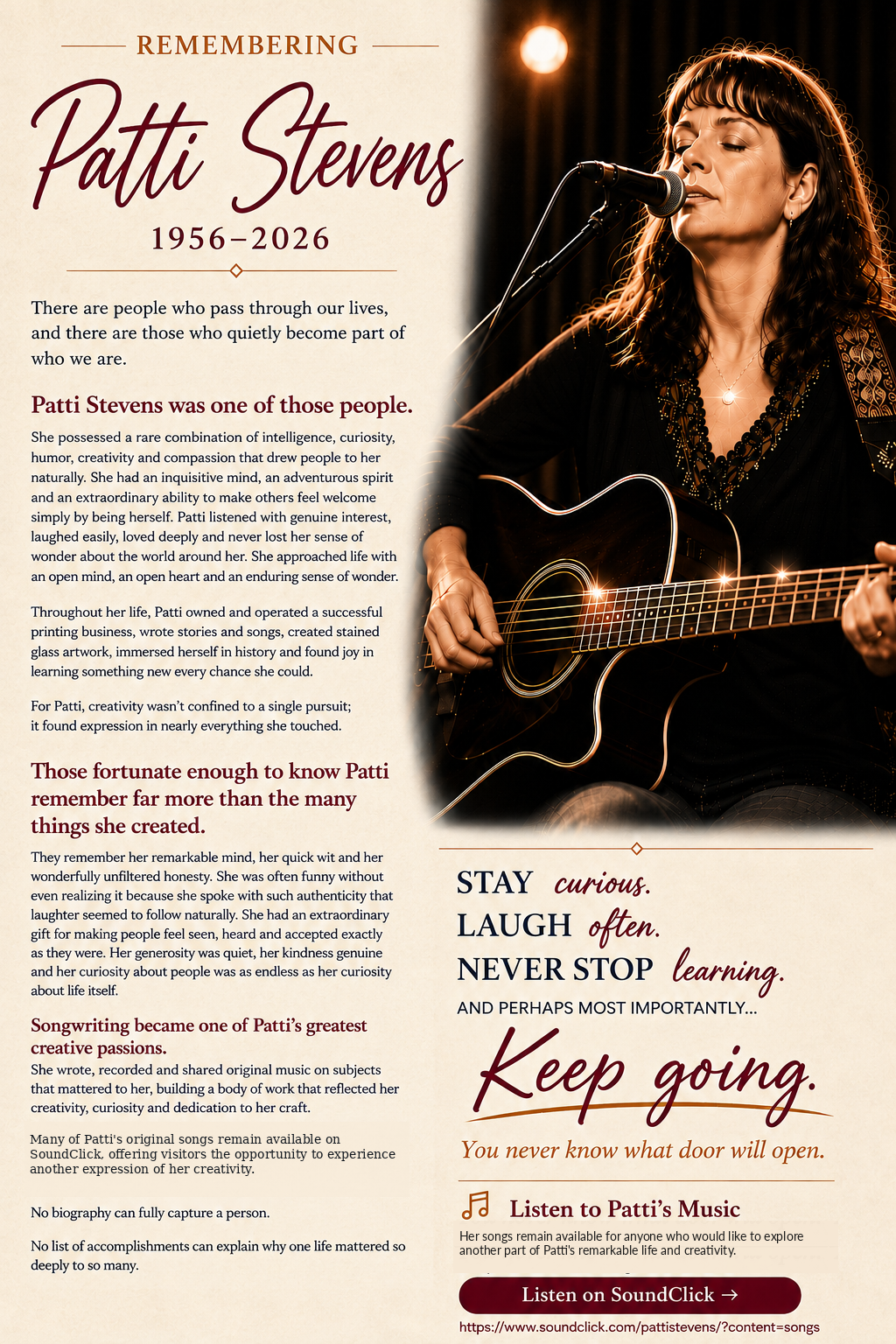 Remembering Patti Stevens, 1956–2026. A memorial biography beside a portrait of Patti performing with an acoustic guitar, followed by an invitation to listen to her music on SoundClick.